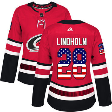 Adidas Carolina Hurricanes #28 Elias Lindholm Red Home Authentic USA Flag Women’s Stitched NHL Jersey