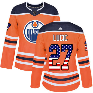 Adidas Edmonton Oilers #27 Milan Lucic Orange Home Authentic USA Flag Women’s Stitched NHL Jersey