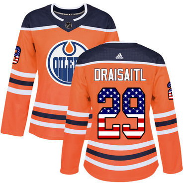 Adidas Edmonton Oilers #29 Leon Draisaitl Orange Home Authentic USA Flag Women’s Stitched NHL Jersey