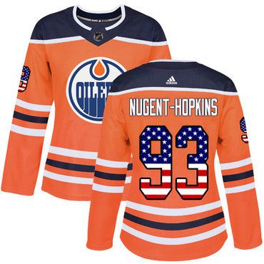 Adidas Edmonton Oilers #93 Ryan Nugent-Hopkins Orange Home Authentic USA Flag Women’s Stitched NHL Jersey
