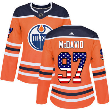 Adidas Edmonton Oilers #97 Connor Mcdavid Orange Home Authentic USA Flag Women’s Stitched NHL Jersey